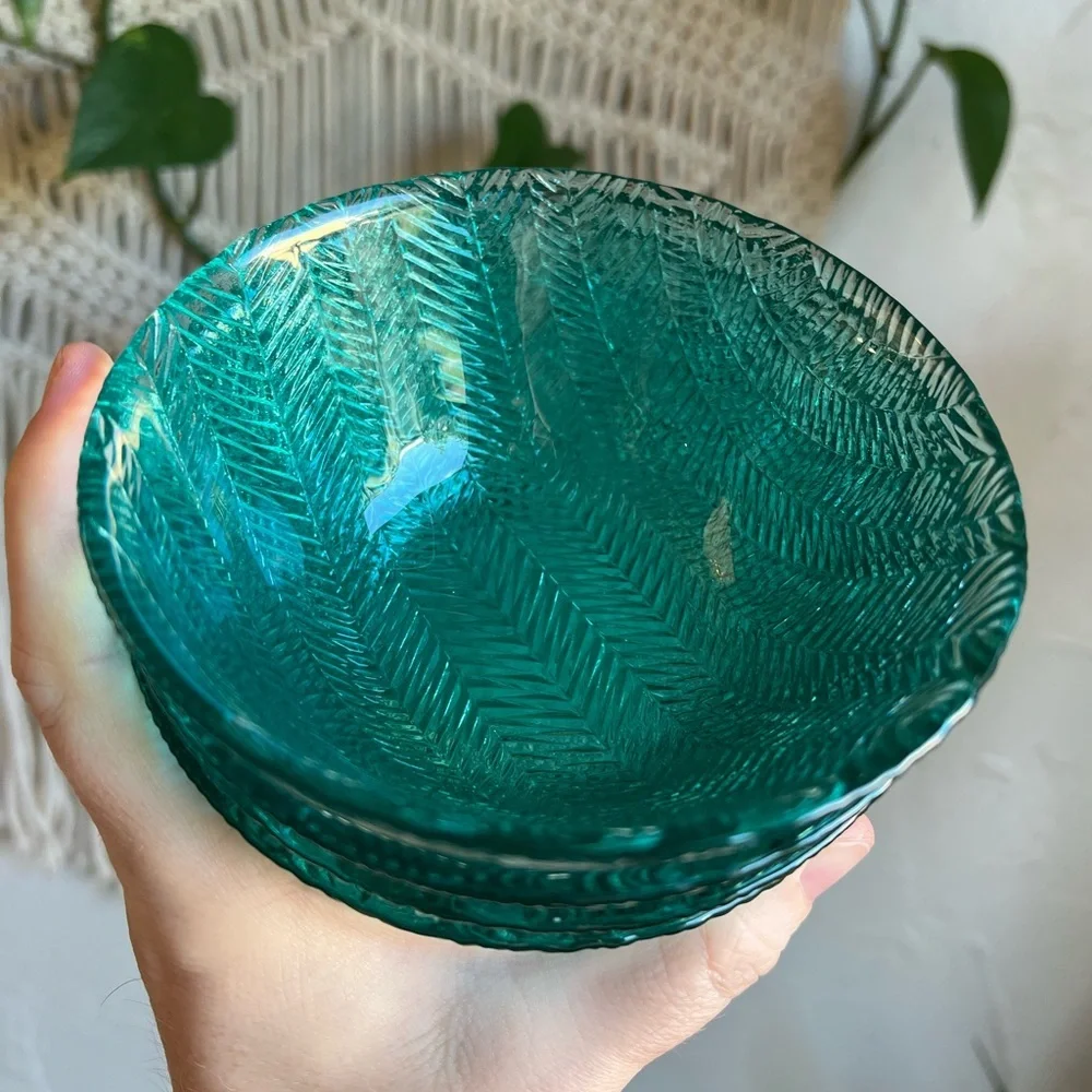 Set of 4 Vintage Teal Glass Bowls Leaf Pattern Dessert / Ice Cream / Berry Dish